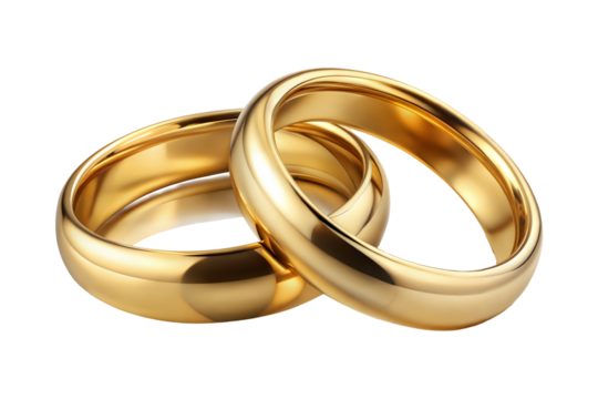 Two gold wedding rings isolated on transparent background. Png