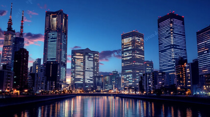 Obraz premium Low-angle view of modern skyscrapers at blue hour
