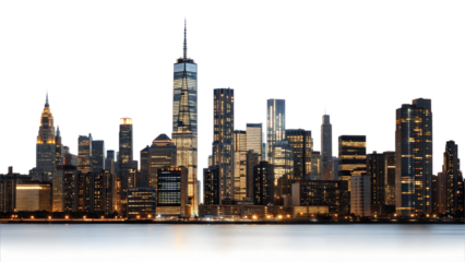 Panoramic night city skyline isolated on transparent background. Png