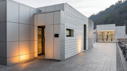 Modern Industrial Facility Exterior with Clean Architectural Lines, Soft Ambient Lighting,Minimal Blurred Background, Highlighting Modern Industrial Design and Architectural Aesthetics
