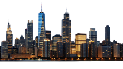 Panoramic night city skyline isolated on transparent background. Png