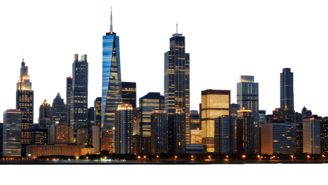 Panoramic night city skyline isolated on transparent background. Png