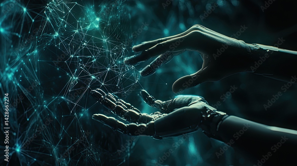 Poster futuristic interaction: humanoid hands manipulating a digital network interface