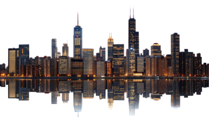 Panoramic night city skyline isolated on transparent background. Png