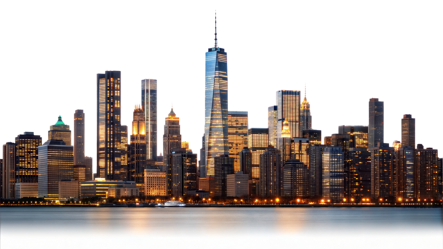 Panoramic night city skyline isolated on transparent background. Png