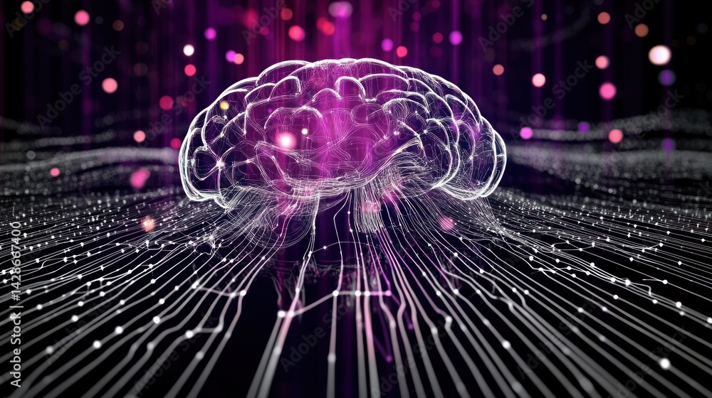 Poster abstract visualization of a human brain with neural connections and colorful patterns