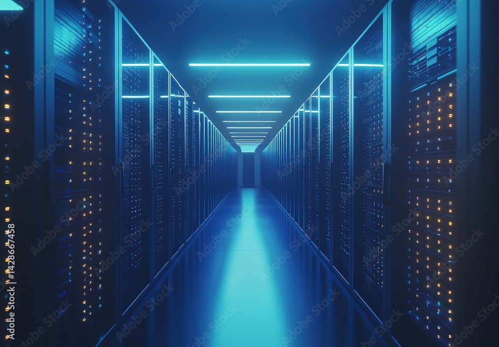 Poster Symmetrical data center corridor with glowing cyan ceiling lights and softly lit server racks. Great for IT infrastructure, cloud computing, and futuristic network technology visuals