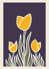 Tulips flower wall decor framed Minimal Art Print Hand drawn leaves shapes matisse style, naive art, contemporary background. plant vector illustration