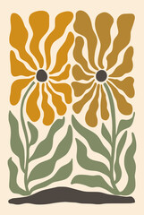 Abstract Couple Flowers Print Mustard Wall Art Botanical, Colourful Home Decor matisse style, naive art, boho contemporary background