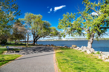 view of the bay from the waterfront in Annapolis, Virginia. Walking space, shady alleys.