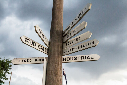 Wooden telegraph pole with directional signs