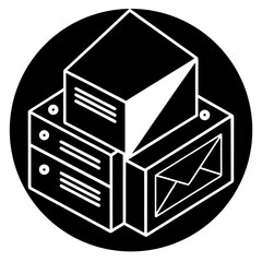 Office technology vector illustration shows a black printer icon, a symbol of computer output and business in a cube-like design