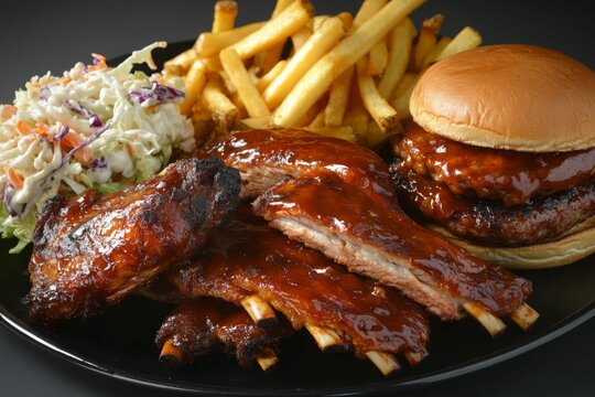 BBQ ribs, fries, coleslaw, and burger combo
