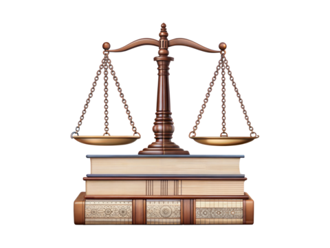 Scales of justice on stack of books isolated on transparent background. Png