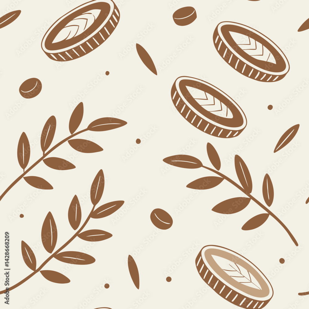Poster seamless vector pattern of leaves and coins on a light background