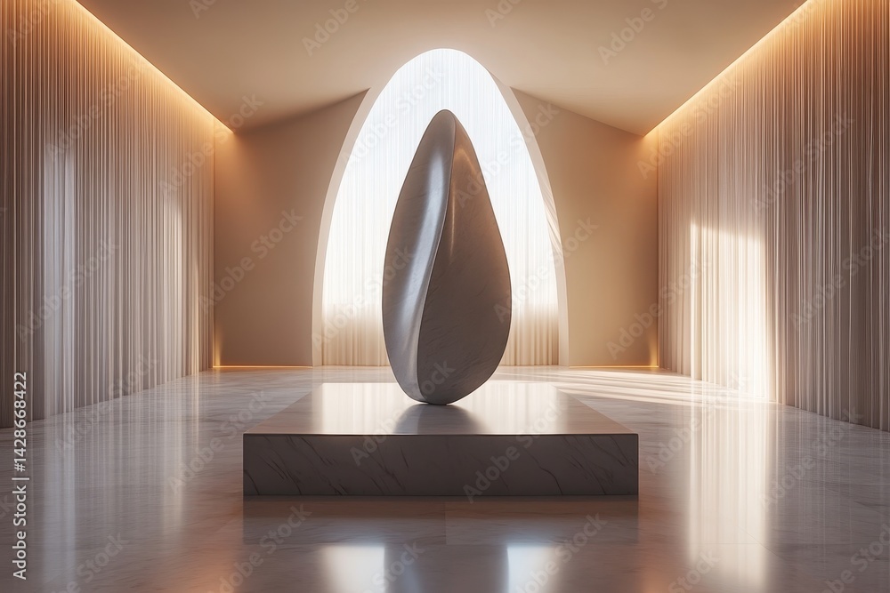 Poster modern curved seating in a bright and airy room with soft natural light streaming through sheer curt