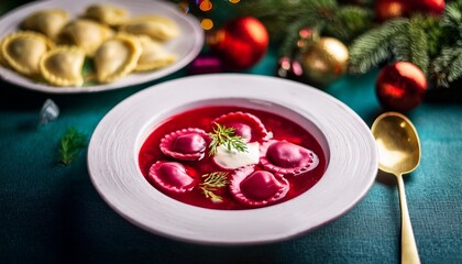 polish red beetroot borscht with ravioli on the christmas eve table ai generative