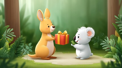 Cute kangaroo and koala exchanging gift in vibrant forest setting, adorable animal friendship illustration