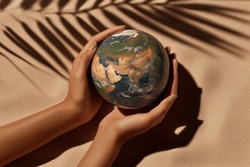 Hands holding a globe amidst sand and shadows representing global awareness and environmental responsibility