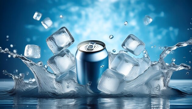 Fototapeta a chilled beverage can is surrounded by water and ice cubes