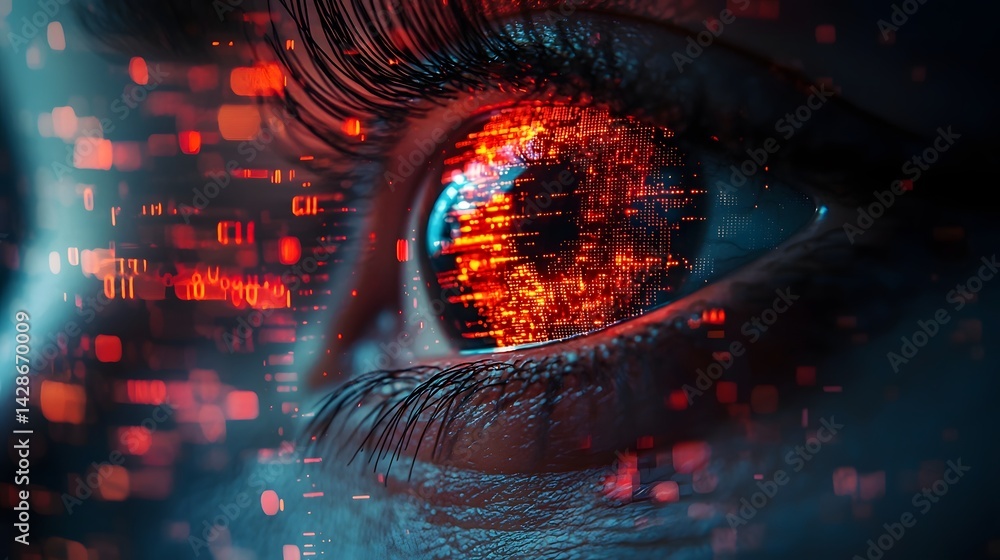 Poster fraud detection concept with glowing digital data and eye