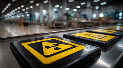 food safety contamination control. Radiation Symbol Conveyor Belt at Nuclear Waste Treatment Plant Radioactive Hazard Conveyor Safety.