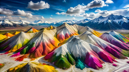 Arial view of a white mountain with multicolor powder scattered around