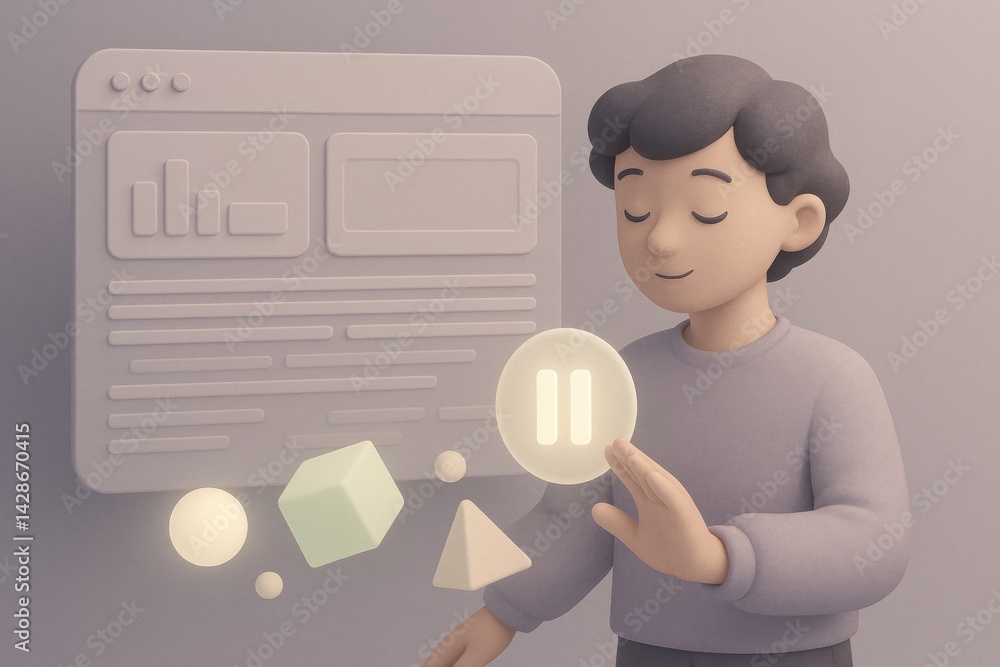 Poster meditative pause: a character holds the pause icon in a conceptual illustration about focus and conc