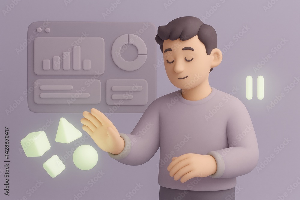 Aufkleber animated character pauses while managing interactive data visualization, floating geometric shapes, 