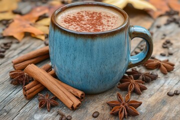 Rustic blue mug with cinnamon latte and spices, on wooden table. Use for seasonal content, recipe blogs, food photography, or warm beverages.