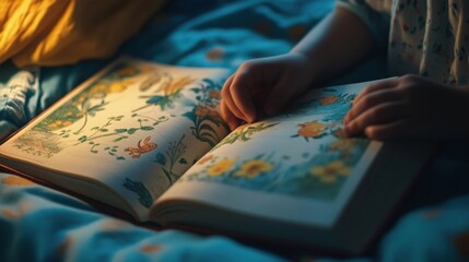 Child Reading Story Book with Floral Illustrations on Bed