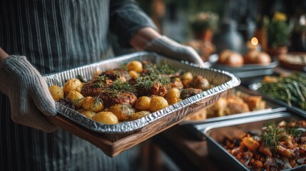 food safety contamination control. Roasted Meat and Potatoes Display in Foil Pan Held by Server in Gloves for Catering Event Service.