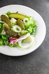 Pickle salad gherkins pickled cucumbers mixed green leaf lettuce appetizer vegetables dish organic fresh tasty gourmet food background on the table food top view copy space vegetarian vegan food