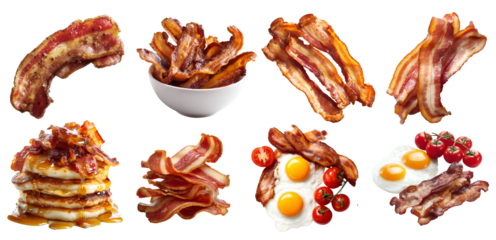 Collection set of crispy fried bacon meat salt-cured pork, in stripes slice, stack pile, bowl, breakfast egg tomato, pancake with honey on transparent cutout PNG. Mockup template for design	

