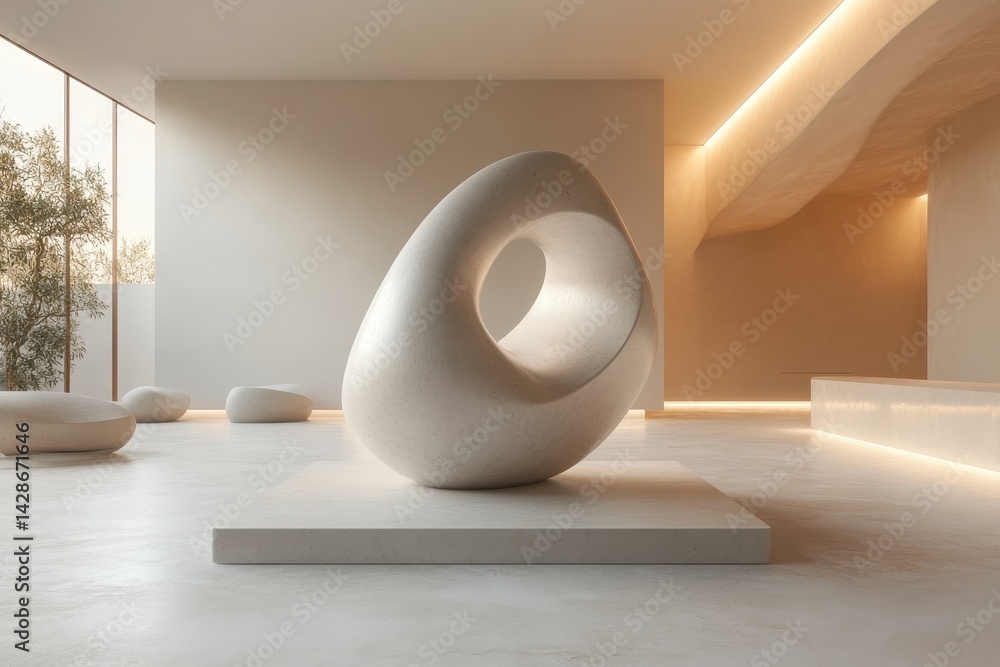 Poster modern curved seating in a bright and airy room with soft natural light streaming through sheer curt