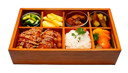 A meticulously arranged Japanese bento box in a premium wooden container with a polished transparent background, school, lunch, poster, promotion.
