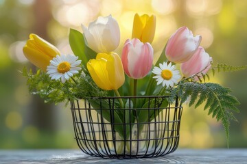 Vibrant spring flowers in a decorative wire basket.