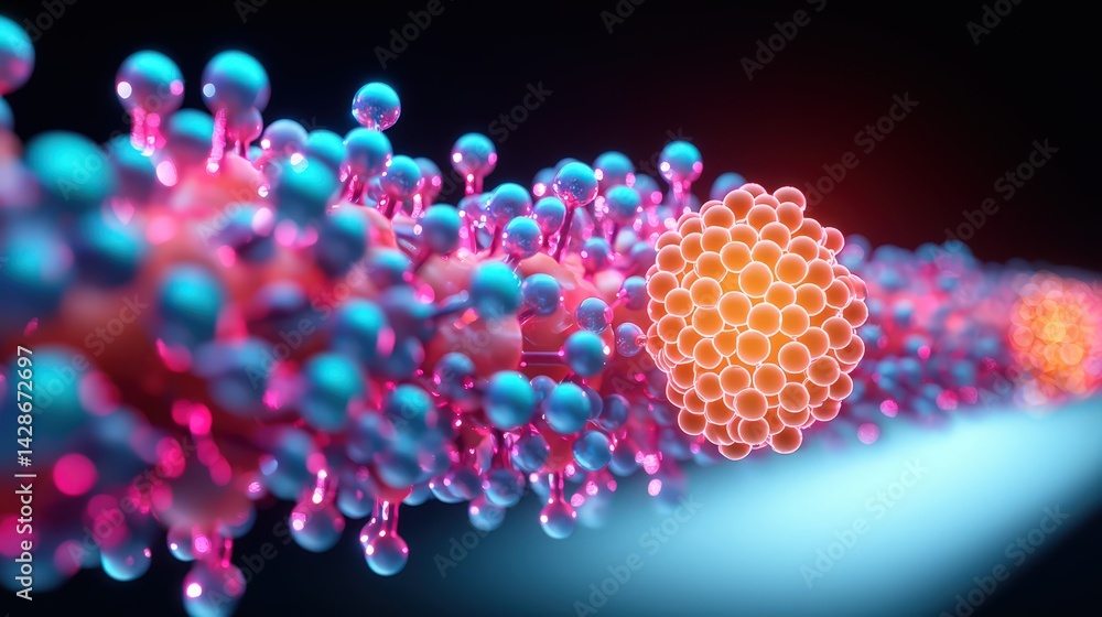 Poster an abstract visualization depicting molecular structures with vibrant colors, showcasing the complex