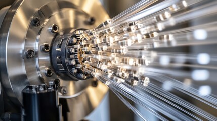 Fototapeta premium Close up of fiber optic cables being processed in a high tech machine