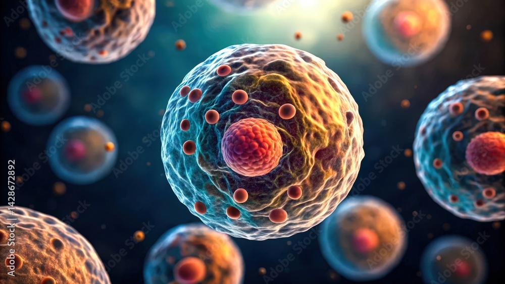 Poster cell metabolism, a close-up view of colorful cells, showcasing their intricate structures, highlight