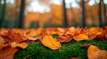 Low-angle shot of fallen autumn leaves on green moss, with blurry trees in the background. 