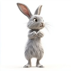 Fototapeta premium A funny rabbit standing on its hind legs, with oversized ears and a playful expression, isolated against a clean white background. 