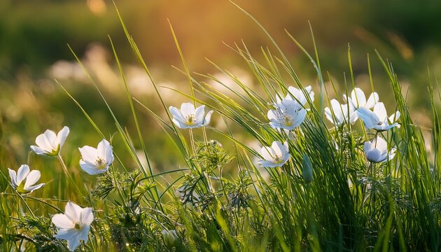 closeup wid flowers among green prairie grass