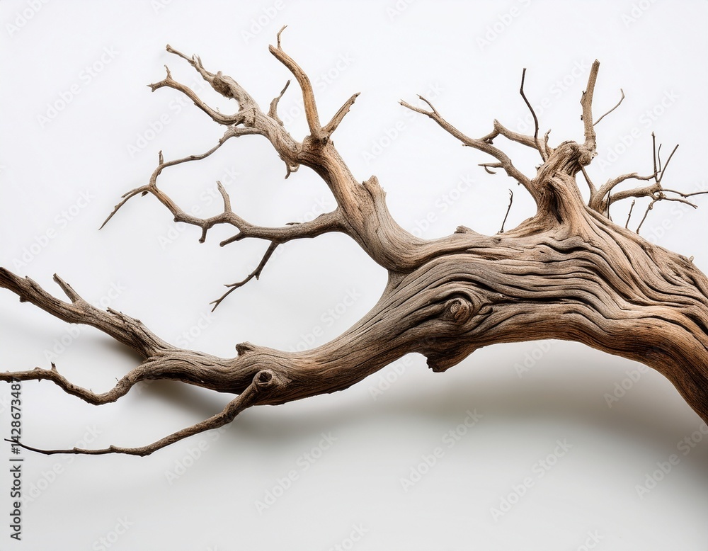 Poster a dry tree branch with intricate shapes and textures is isolated against a white background showcasi