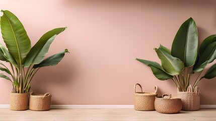 Stylish Home Decor Tropical Plants in Woven Baskets Against a Pink Wall