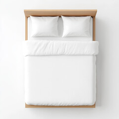 top down view of queen size bed featuring plain white duvet and two white pillows, set against minimalist background. simplicity of design evokes sense of calm and tranquility
