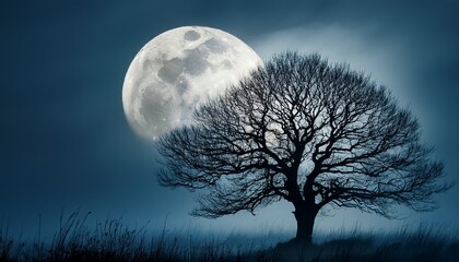 a hauntingly beautiful silhouette of a leafless tree against a luminous full moon surrounded by a misty atmosphere perfect for evoking mystery and tranquility