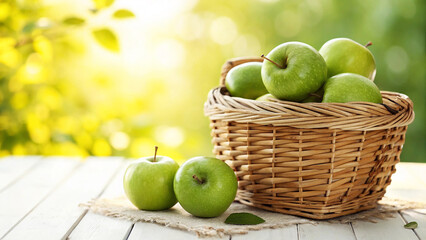 Green Apple in Wicker Basket on tield surface in Natural sunny day background, Apple in basket on table
