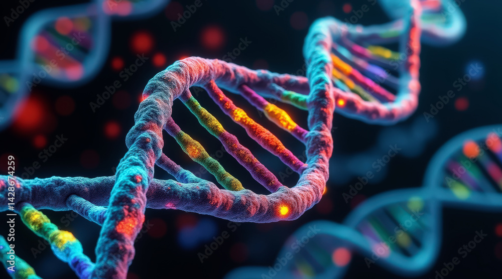 Poster close-up of a glowing dna strand replicating within a nucleus, highlighting cellular processes in vi