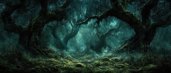 Mysterious, dense forest with twisted branches and fog, creating an eerie and haunting atmosphere.